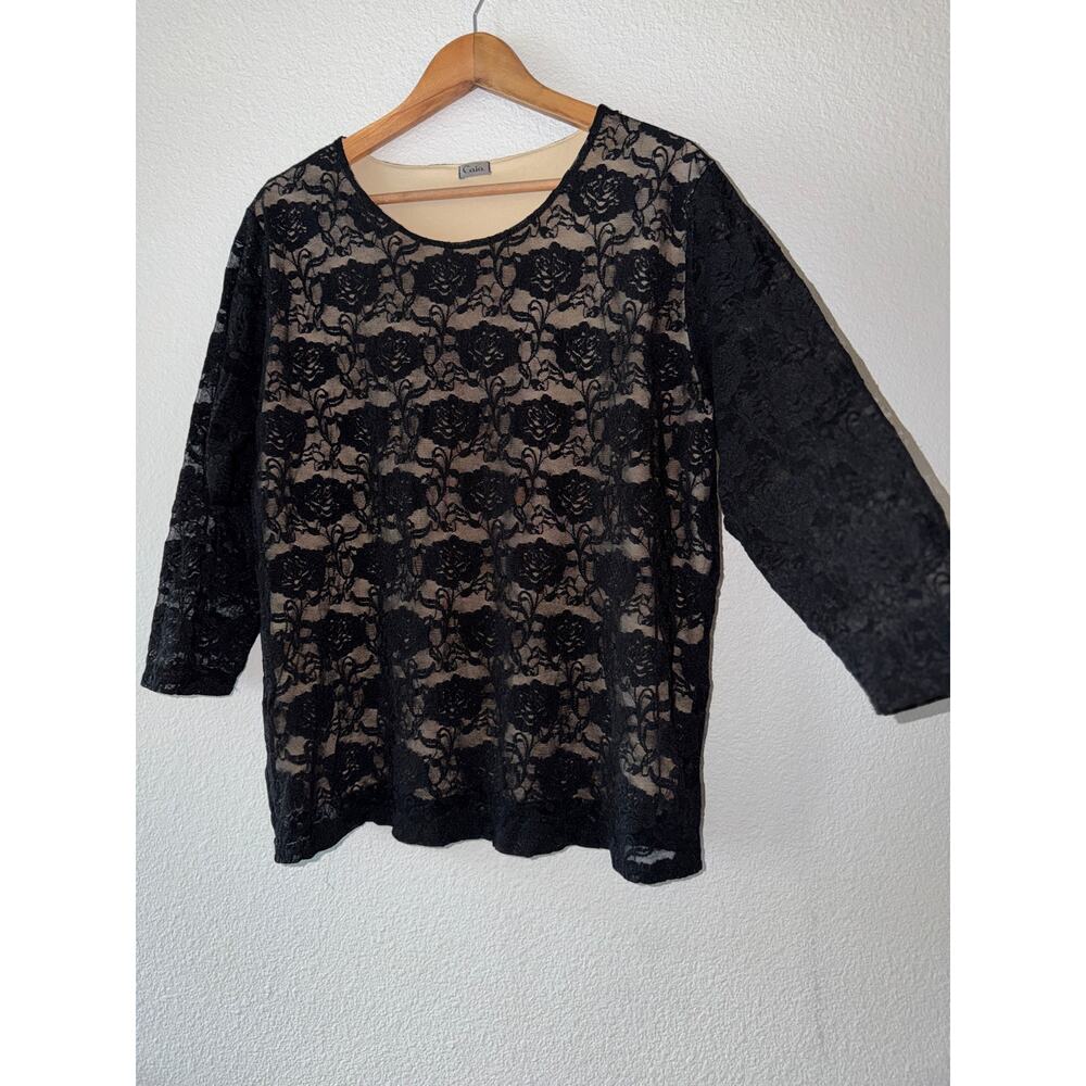 Whimsigoth Black Floral Rose Lace Top Nude Mesh Lined Sheer Sleeve XL